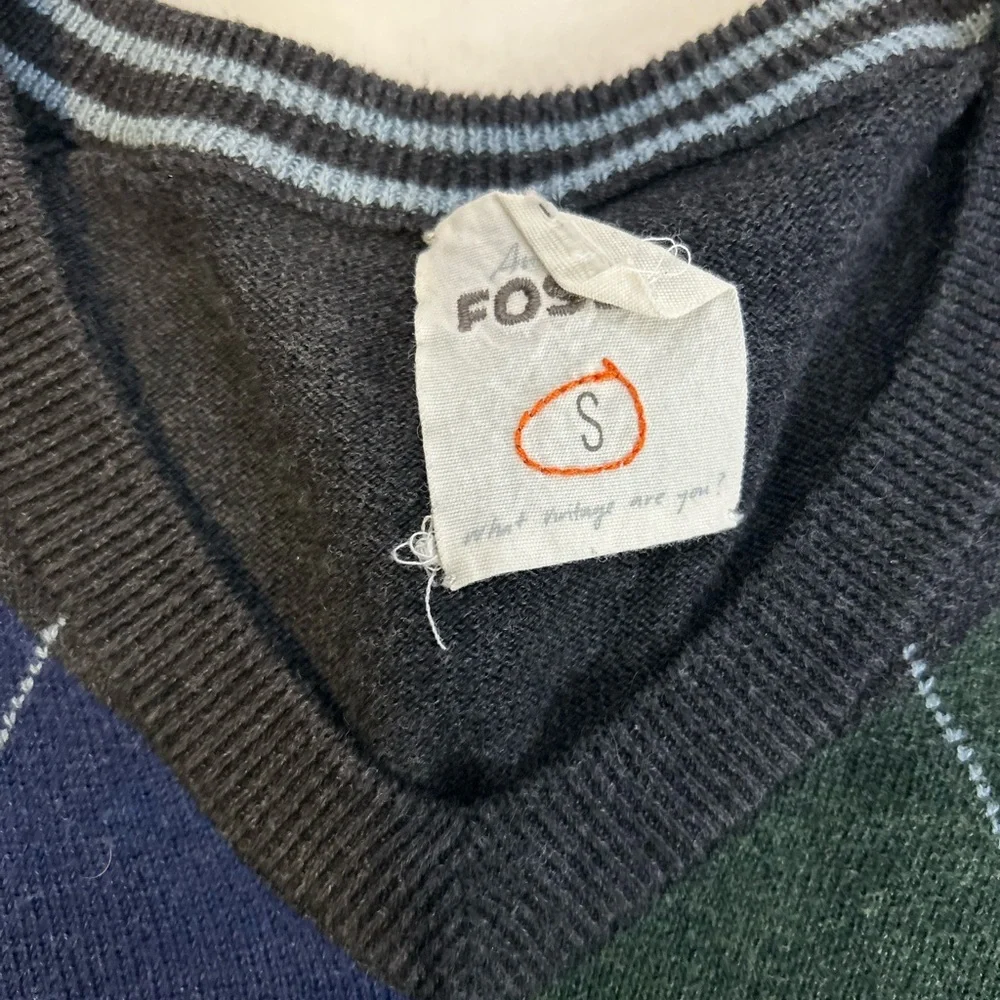 Fossil Argyle V Neck Sweater Mens Blue Green Preppy Classic Knit Top